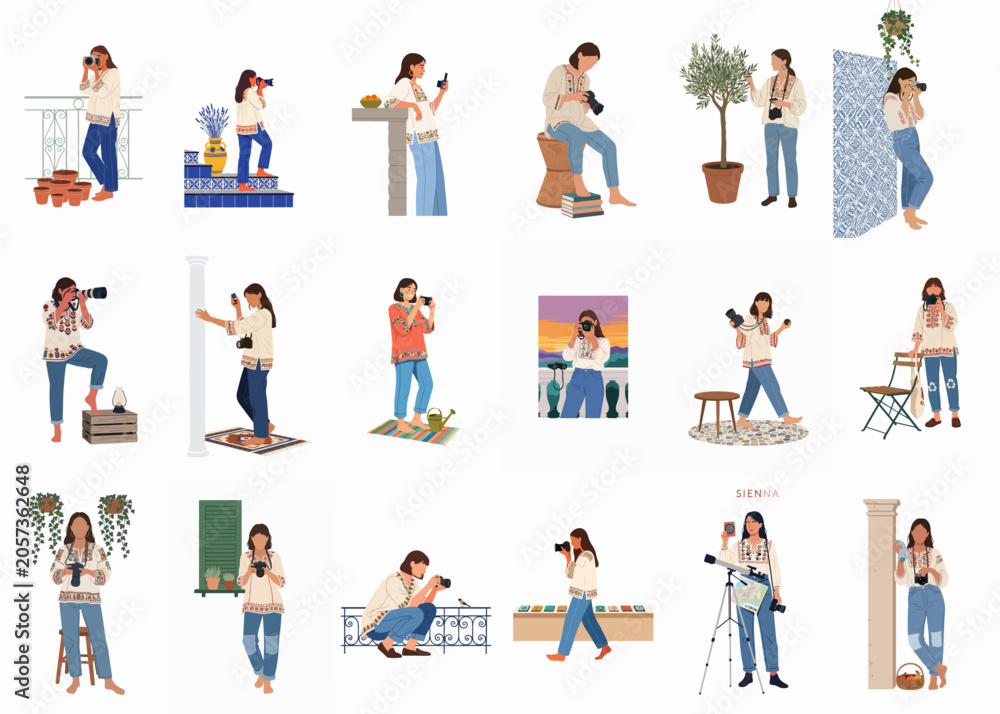 Fototapeta premium Set of diverse vector illustrations featuring a female photographer in Mediterranean-themed settings, using different cameras to capture her travels and artistic vision.