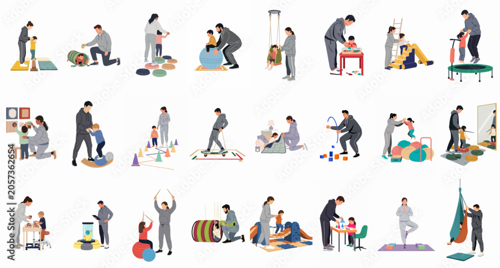 Fototapeta premium Collection of illustrations showing children and therapists engaging in diverse pediatric occupational and physical therapy activities for sensory and motor development.