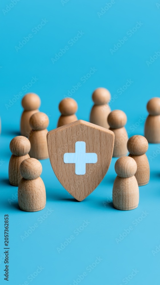 Obraz premium Wooden figurines representing healthcare and insurance concepts with a shield symbolizing protection, isolated on a vibrant blue background.
