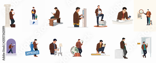 Tableau sur toile A series of illustrations depicting a young man managing various administrative tasks, travel documents, and digital processes in a clean, flat style