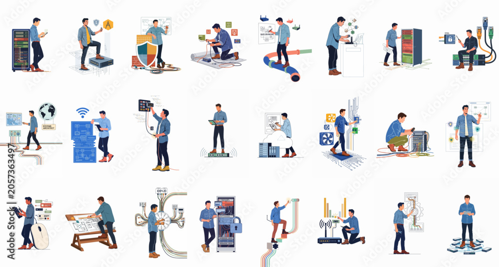 Fototapeta premium Comprehensive set of professional IT technician and network engineer illustrations showing server maintenance, system architecture, data security, and hardware installation.
