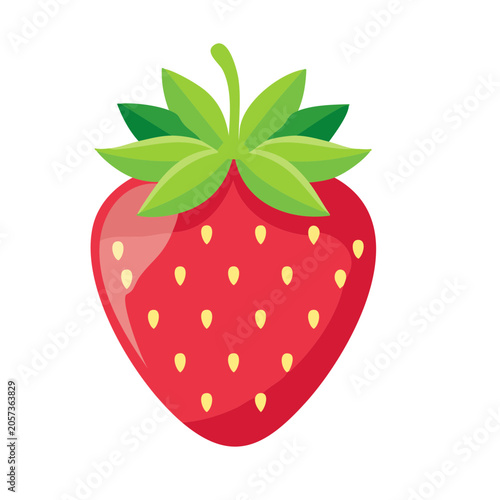 Flat design illustration of a ripe strawberry with green leaves