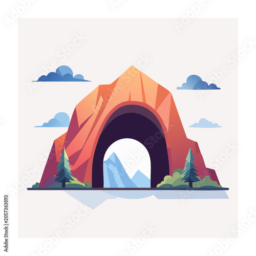 Flat design orange tent with mountains and campfire