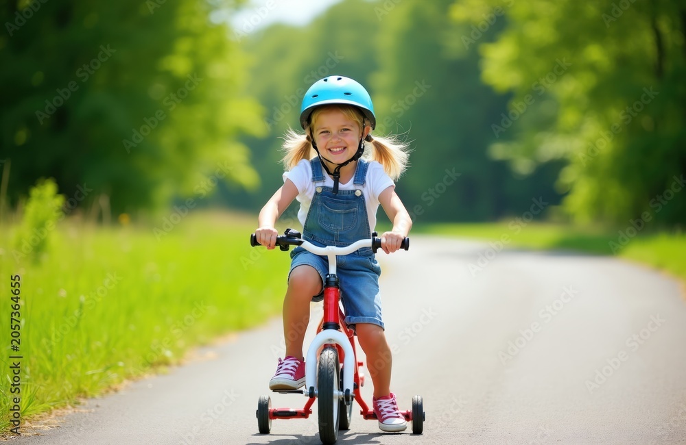 Fototapeta premium Young girl in helmet rides red tricycle on paved road. Child with blonde pigtails smiles happily, enjoying outdoor summer activity. Green trees line path creating vibrant, cheerful atmosphere for