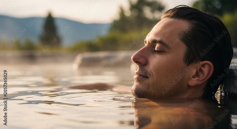 Fototapeta premium Man relaxing hot spring with closed eyes, feeling steam rise in tranquil outdoor setting. Calm man enjoying therapeutic hot spring experience, promoting peace and wellness.