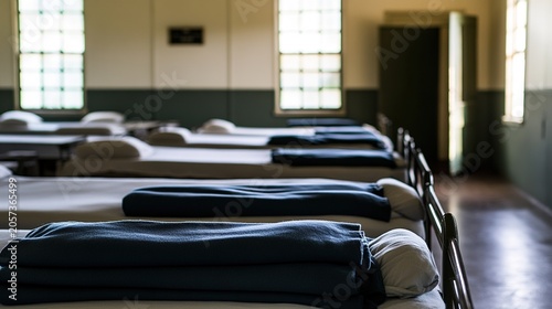 barracks. Military barracks interior with perfectly aligned beds and uniformly folded blankets. event key visuals, club posters, designed for fitness apps and gym onboarding.