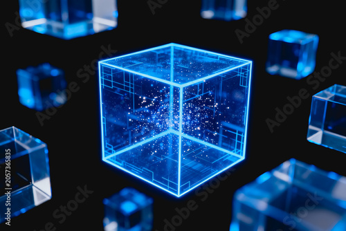 3D rendered glowing transparent digital cubes with particle core floating on dark background, representing tech and data concepts.