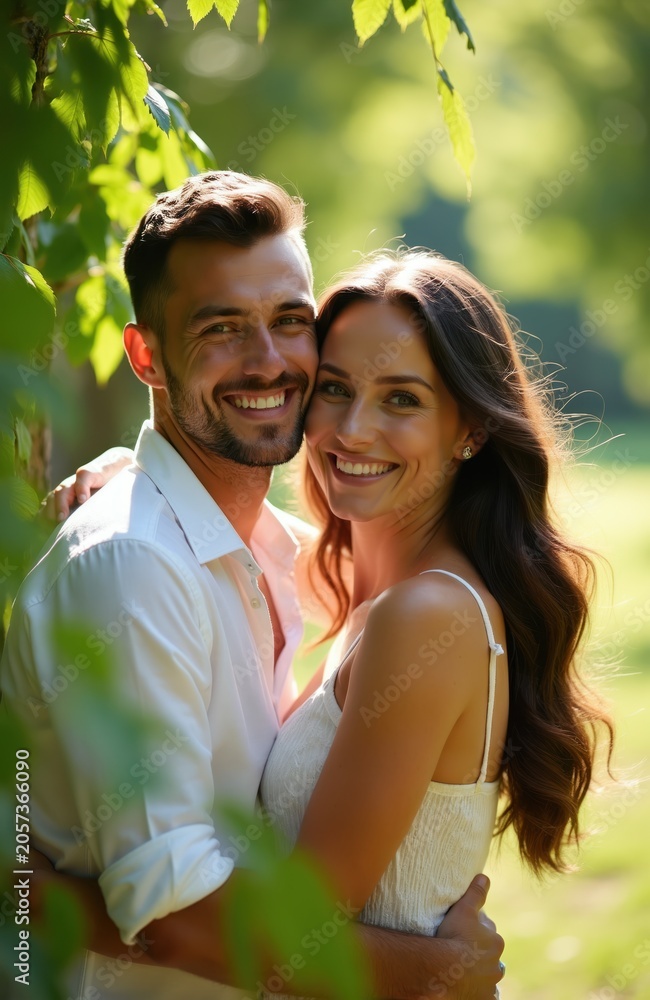 Naklejka premium Young couple embrace smiling outdoors park setting. Man and woman hug affectionately. Sunny day, green leaves background. Relationship goals, romantic moment, partnership joy.