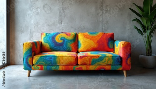 Modern two-seater sofa with vibrant psychedelic swirls pattern upholstery. Contemporary living room furniture with colorful abstract design. Fits modern home decor style.