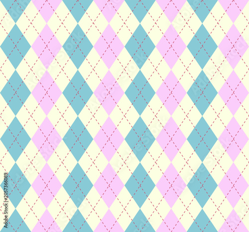 Argyle pattern with pink and blue color on light yellow background.