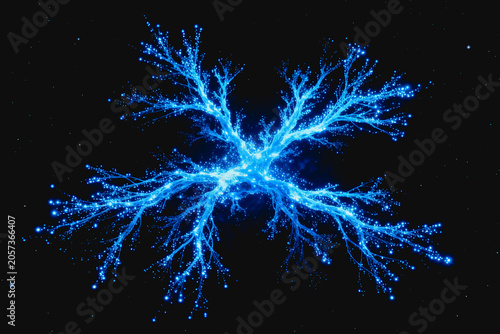 A glowing blue fractal network resembling cosmic structure, rendered as a digital abstract illustration.