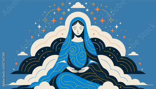 Slika na platnu A serene woman in blue meditation attire, seated amidst swirling clouds and a starry sky, embodying peace and spiritual connection