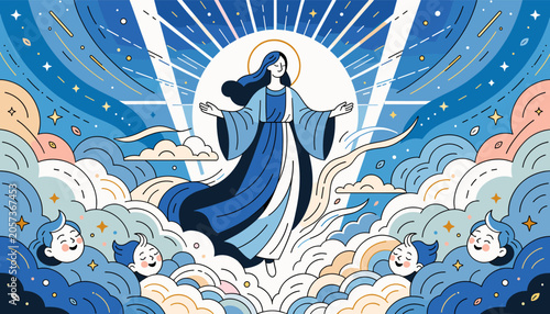 Tableau sur toile A serene depiction of a divine figure ascending into a radiant sky, surrounded by celestial clouds and cherubic beings