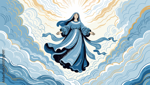 Foto A serene woman in a flowing blue gown ascends into a radiant sky filled with clouds