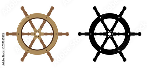 Billede på lærred Ship steering wheel icon set with wooden nautical helm and black silhouette isol