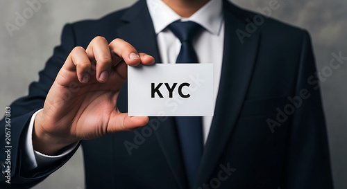 Businessman holding white card with KYC text for identity verification concept