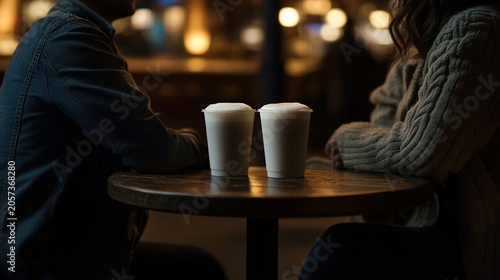 tavern. Two companions sharing a moment over frosted beverage glasses on a wooden table in warm light. bar promotions, beverage menus, designed for food & beverage menus and cafe branding.