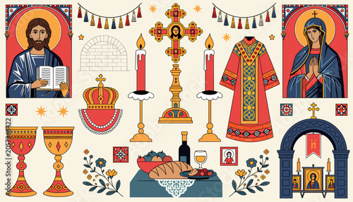 Fotografie A vibrant collection of Orthodox Christian religious symbols and elements, including icons, vestments, chalices, and altar items, set against a light background