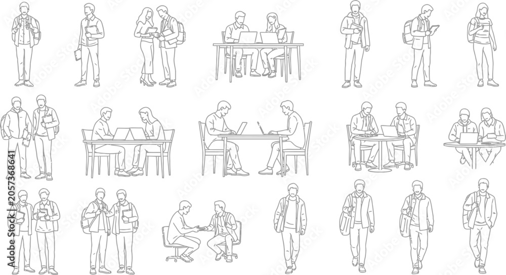 Obraz premium Set of line art people working and studying with laptops in various poses for architectural and design project visualization