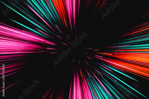 Dynamic abstract design featuring vibrant neon light streams bursting radially from a dark background, creating a high-energy visual effect.