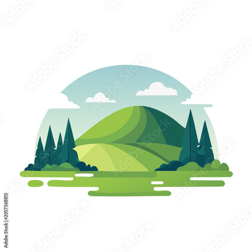 Flat design mountain landscape with sky and grass