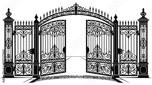 Canvastavla Ornate wrought iron gates black silhouette on white background