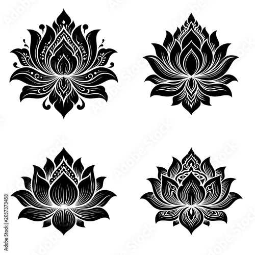 Elegant Thai lotus ornament featuring symmetrical floral details and flowing decorative lines. Premium vector design ideal for luxury branding, invitations, packaging, and cultural artwork.