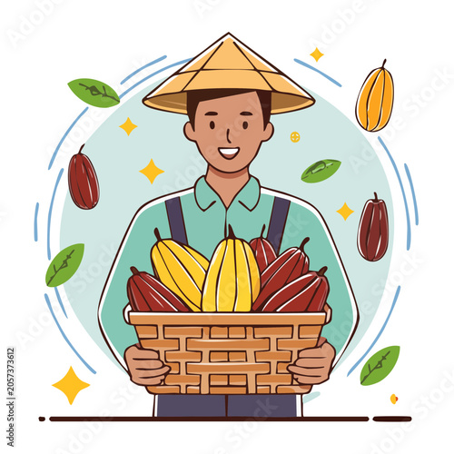 Cartoon farmer holding wheat basket