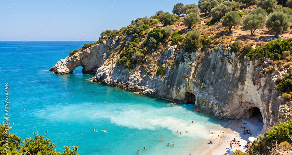 Obraz premium Turquoise Cove with Sea Cave Arch and Swimmers on Cliffside Beach
