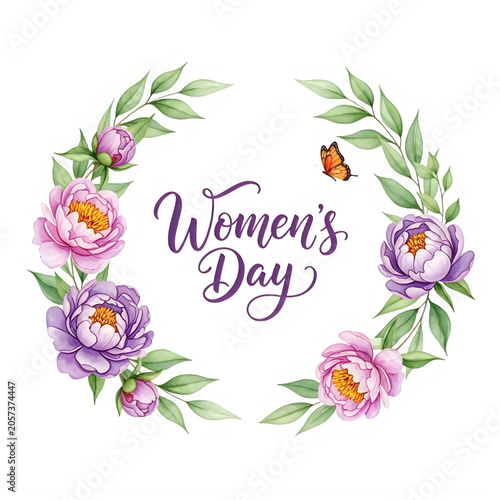 Watercolor floral wreath for international womens day with purple flowers