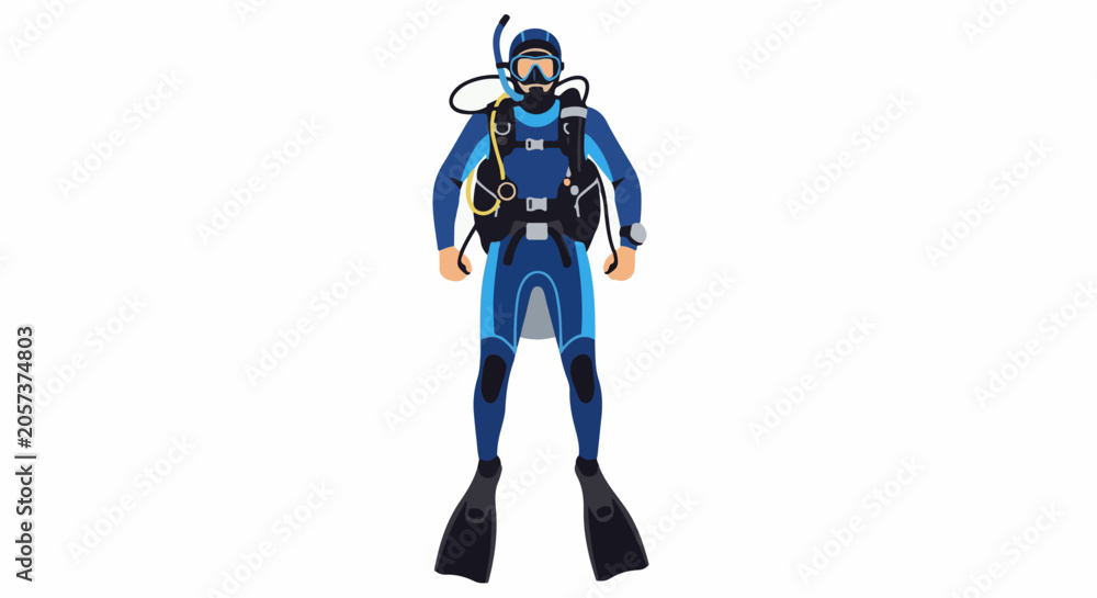 Fototapeta premium A person in full scuba gear, wearing a blue wetsuit and fins, stands ready for underwater exploration