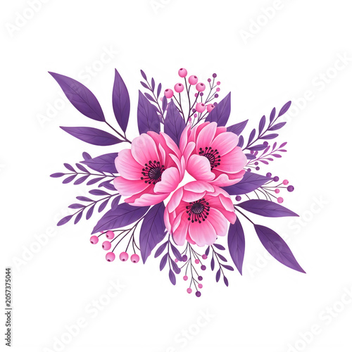 Beautiful pink flower bouquet with purple leaves and botanical elements