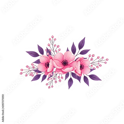 Beautiful pink watercolor flower arrangement with purple leaves