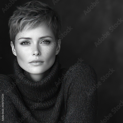 Striking portrait of a confident woman with short hair, exuding grace in soft lighting