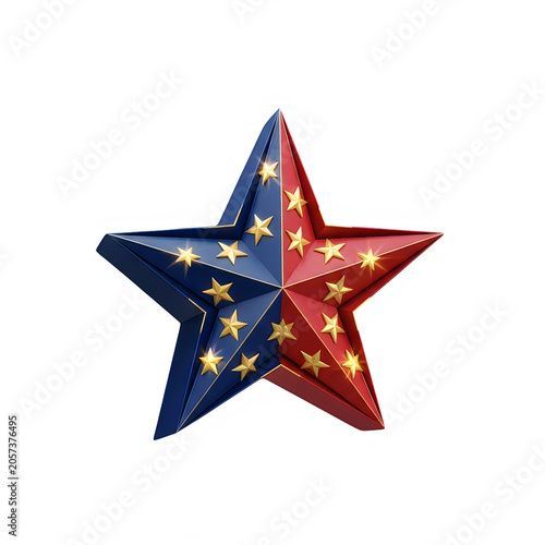 Shiny blue and red star icon with gold stars for patriotic celebration