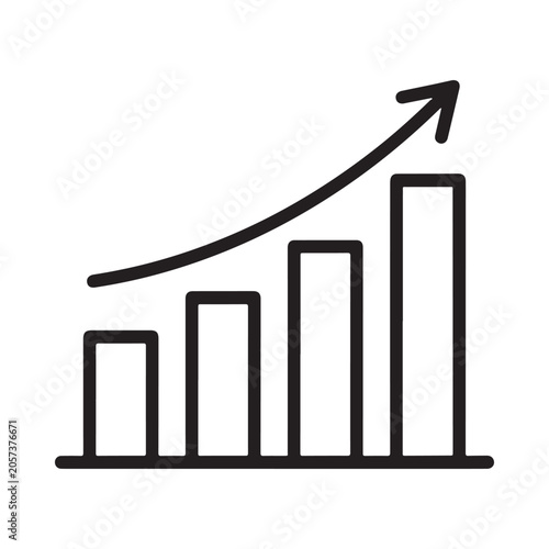 Growth chart icon with rising arrow black line on white background