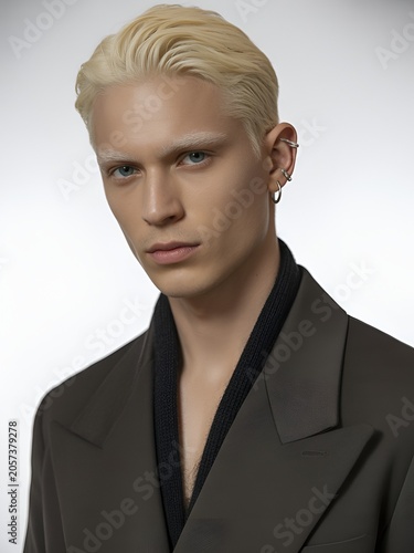 Men fashion portrait with platinum hair and modern suit style
