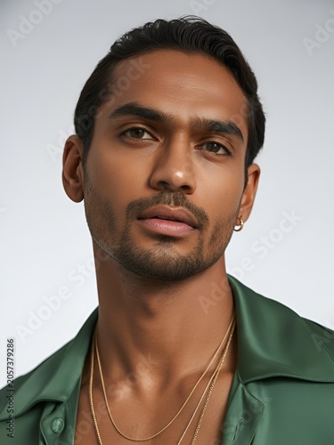 Men fashion portrait with green shirt and luxury grooming style