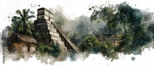 Ancient Mayan Pyramid Watercolor .AI Generative