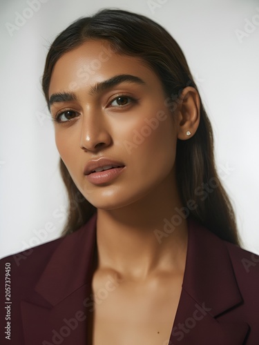 Beauty portrait woman in burgundy blazer with glossy makeup style