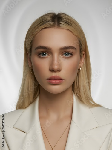 Beauty portrait blonde woman in white blazer with clean studio style