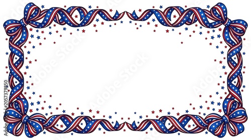 Patriotic border frame with red, white, and blue ribbons and stars isolated on white background