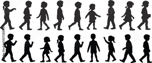 Quadro su tela Children Walking Silhouette Collection Featuring Boys and Girls in Various Poses
