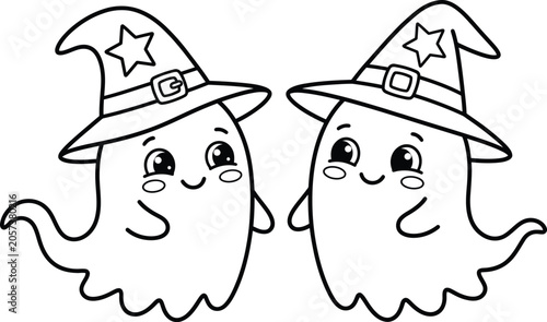 Fotografie Adorable Halloween ghosts wearing pointy witch hats, black and white printable coloring page
