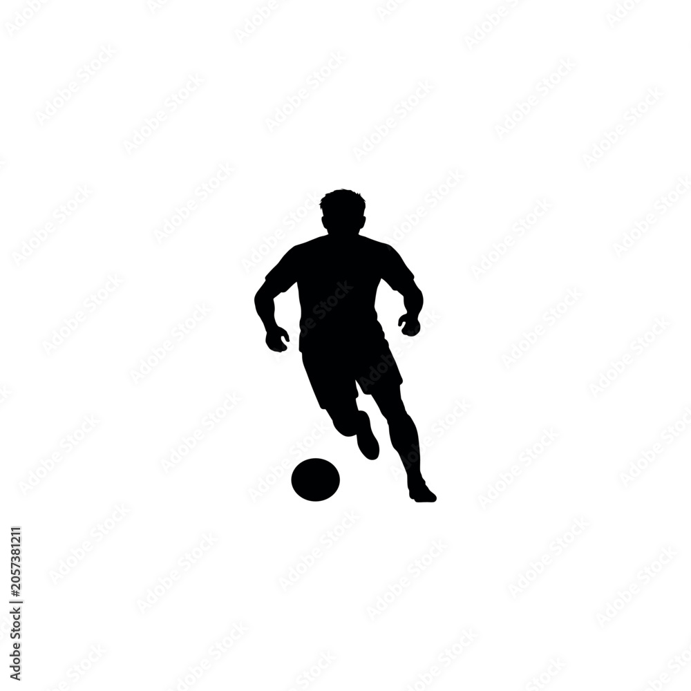 Fototapeta premium Front view silhouette of a male soccer player dribbling a ball isolated on white