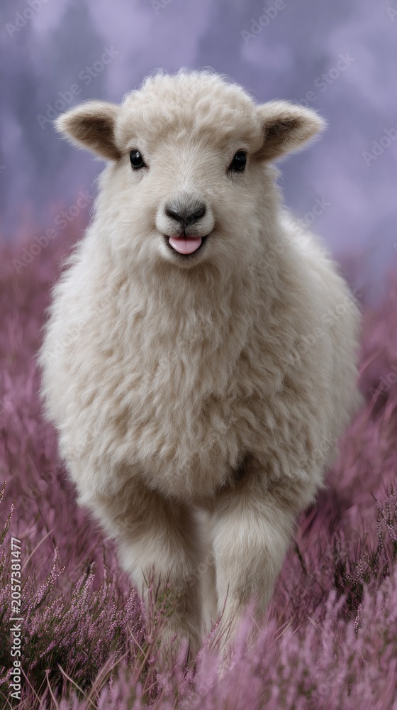 Obraz premium A fluffy lamb runs joyfully among blooming purple flowers enjoying a sunny day