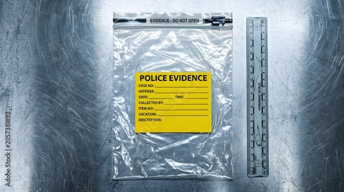 Plastic police evidence bag with yellow label and forensic ruler