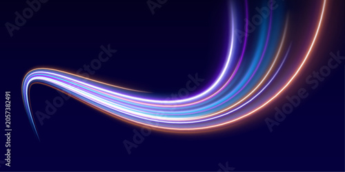 Futuristic neon waves flow through city streets with laser motion trails. Speed blur enhances dynamic energy flow.