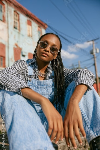 female african model overall jeans outfit