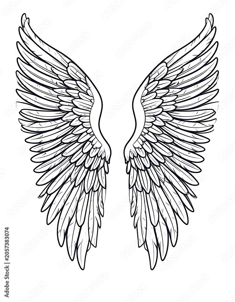 Fototapeta premium A pair of symmetrical white wings outlined in black